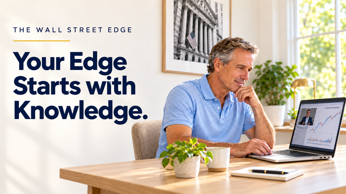 The Wall Street Edge. Your Edge Starts with Knowledge. An investor learning from an online webinar in a bright home office.