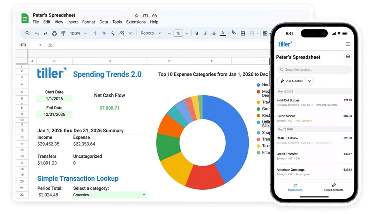 Official Tiller spreadsheet and spending-trends product illustration; example data